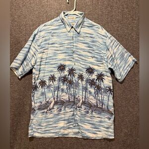 Campia Moda Hawaiian Shirt Mens L blue graphic button up Rayon light beach comfy